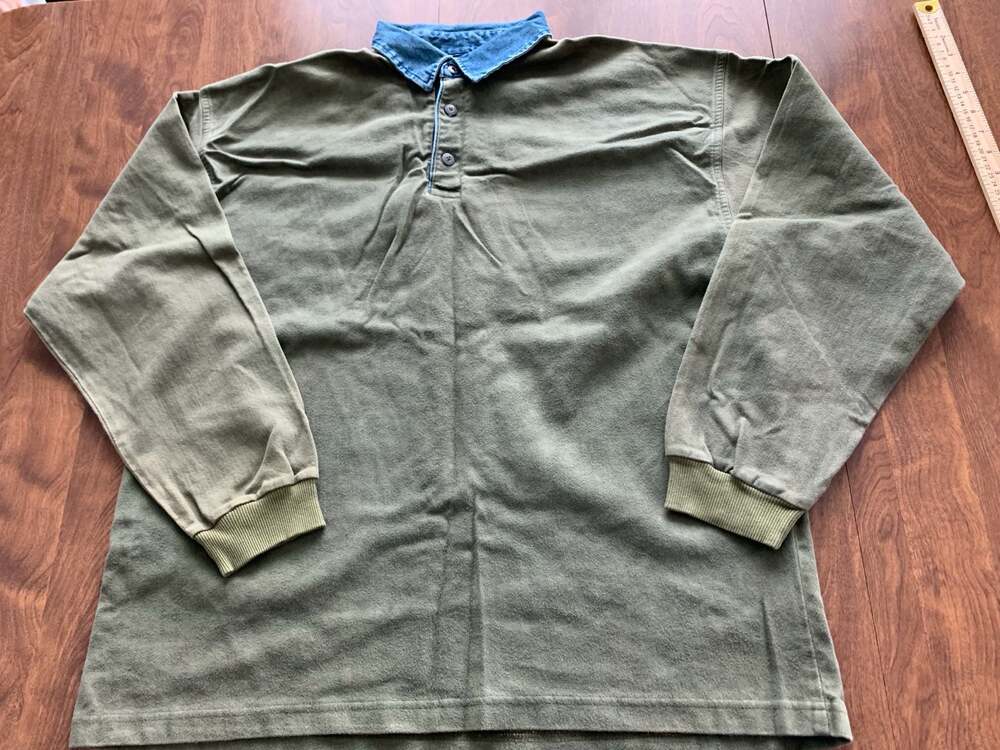 Vintage Structure Blue Olive Green Long Sleeve Rugby Shirt with Denim Collar XL